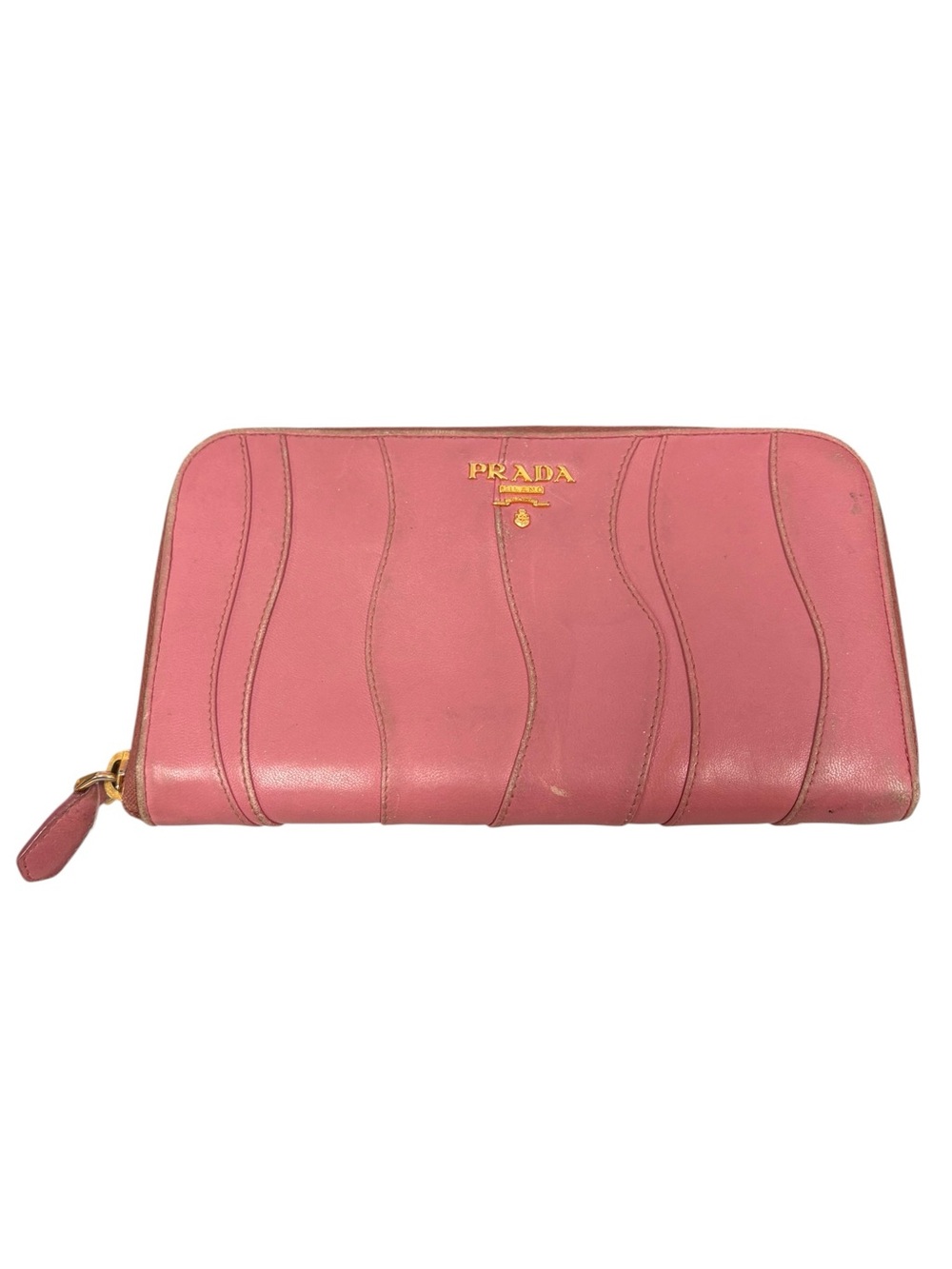 Prada Rose Pink Leather Wave-Stitch Zip Wallet with Gold Logo